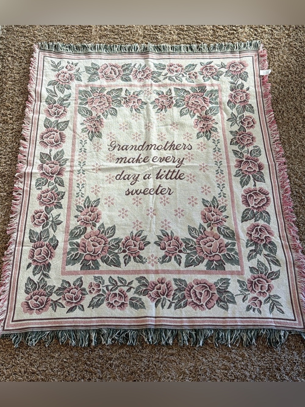 Vintage 90s Grandmothers Woven Floral Roses Fringe Tapestry Throw Blanket 50x60”